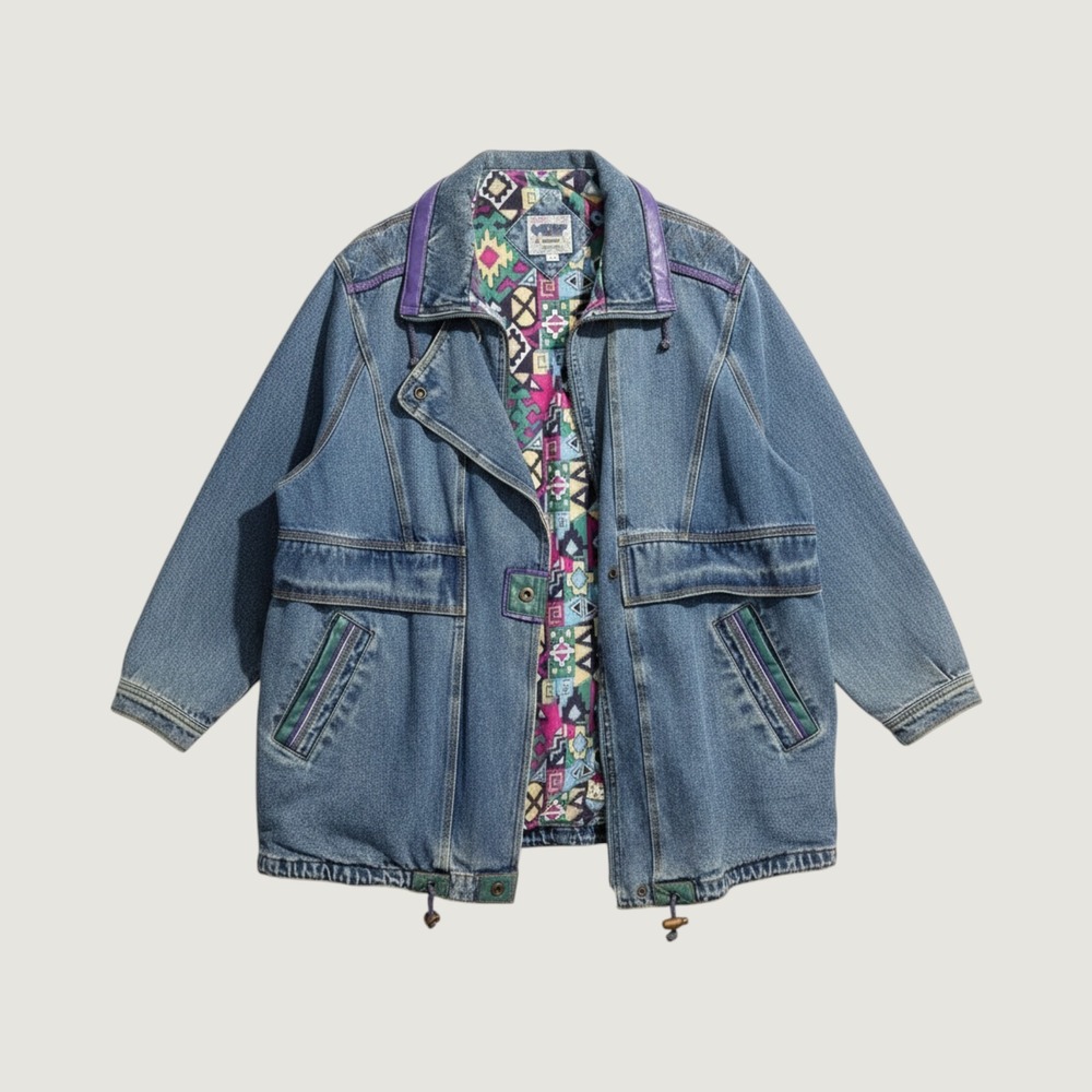 Vintage Southwestern Aztec Print Lining Blue 90s Current Seen Denim Jacket 2X